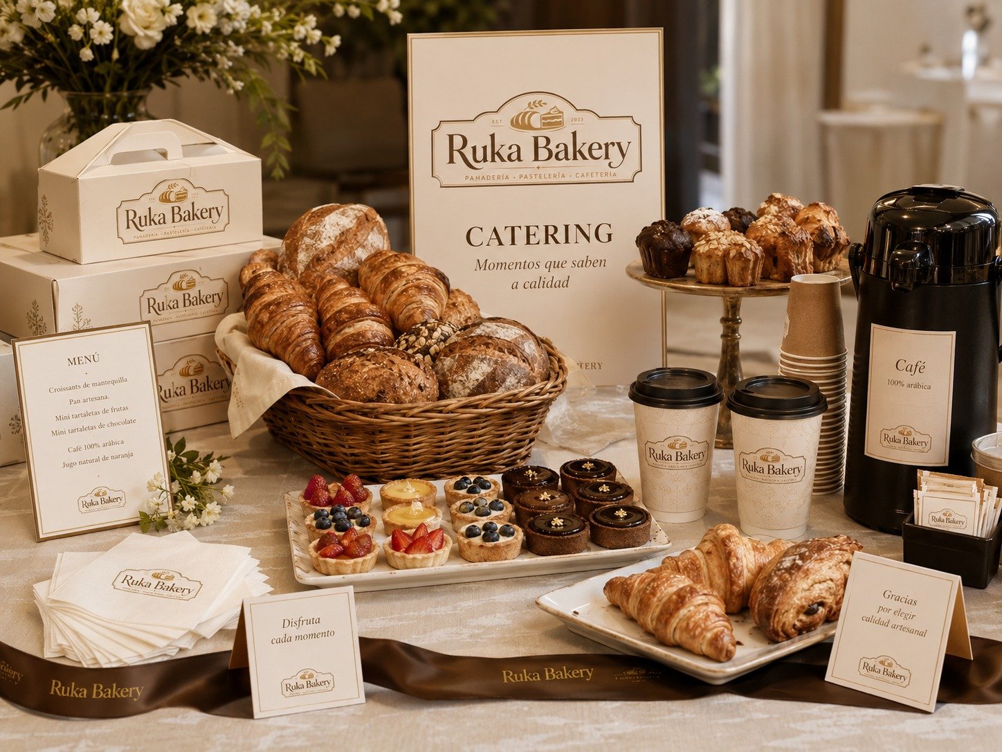 Mesa de catering Ruka Bakery con croissants, pasteles y café artesanal